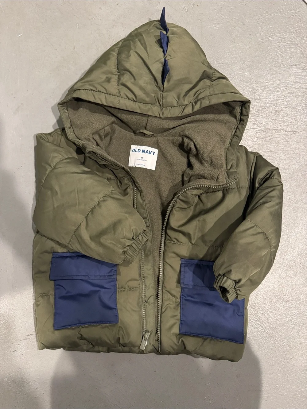 Old Navy Olive Green Toddler Puffer Jacket with Navy Pocket Accents